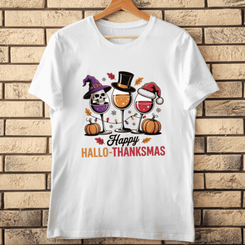 Holiday Themed Wine Glasses T-shirt Design cover image.