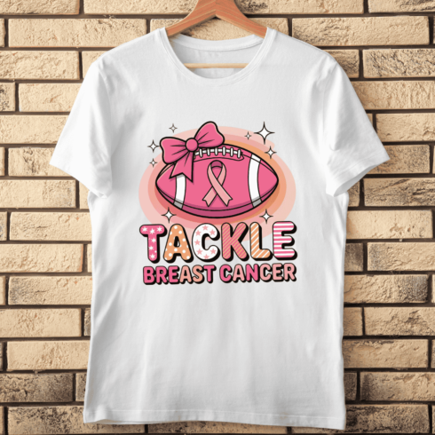 Tackle Breast Cancer Football and Pink Ribbon T-shirt Design cover image.
