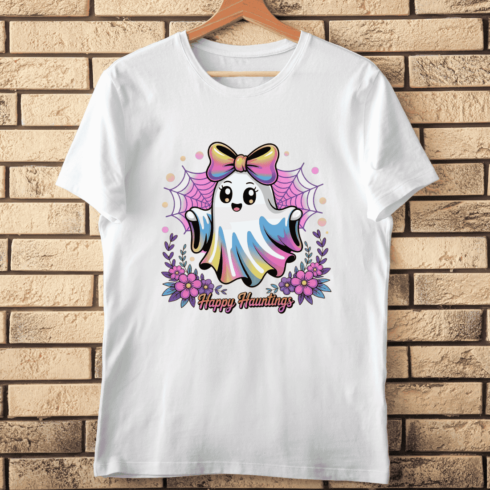 Cute Spooky Ghost with a Big Bow T-shirt Design cover image.