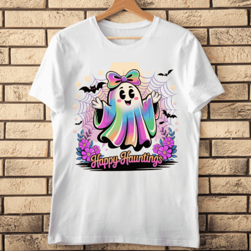 Adorable Ghost with Flowers and Bats T-shirt Design cover image.