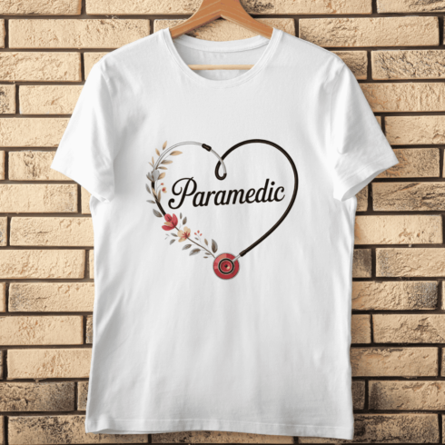 Medical Paramedic Stethoscope Heart with Flowers T-shirt Design cover image.