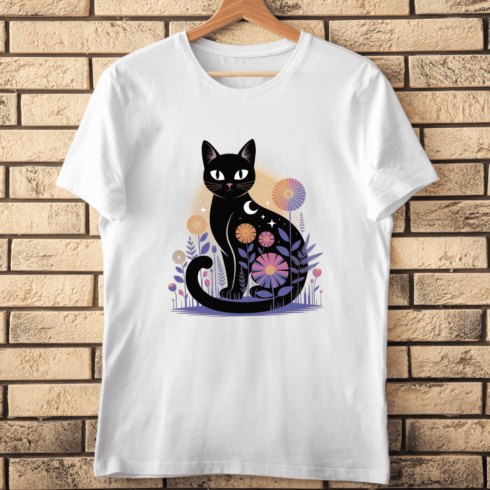 Black Cat with Celestial and Floral Motifs T-shirt Design cover image.