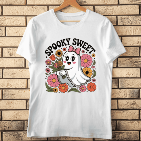 Spooky Sweet Cute Ghost with Flowers T-shirt Design cover image.