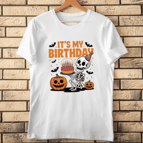 Happy Birthday Spooky Skeleton T-shirt Design cover image.