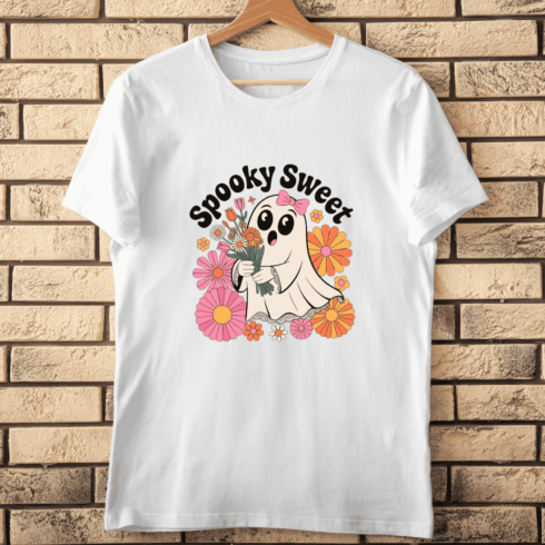 Adorable Ghost with Floral Bouquet T-shirt Design cover image.