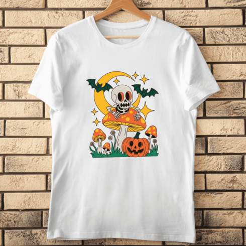 Whimsical Skeleton with Bats and Pumpkins T-shirt Design cover image.