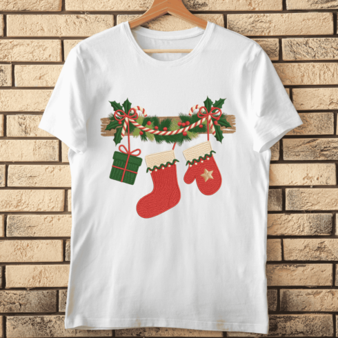 Holiday Garland with Stockings T-shirt Design cover image.