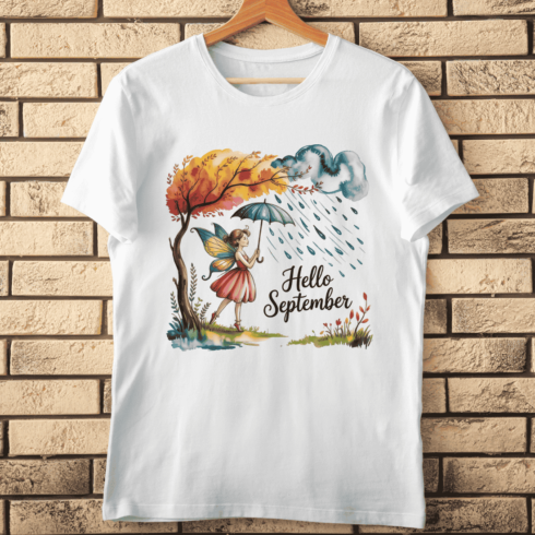 Hello September Fairy in Rain T-shirt Design cover image.