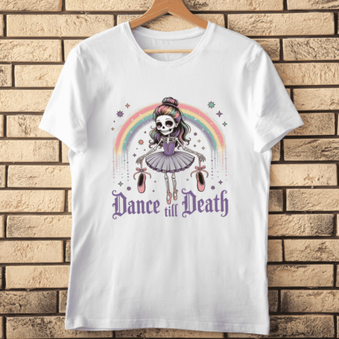 Skeleton Ballerina with Rainbow T-shirt Design cover image.