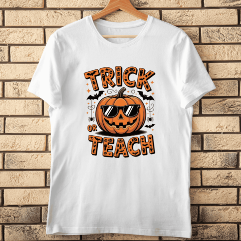 Cute Jack-o'-Lantern with Trick or Teach Text T-shirt Design cover image.