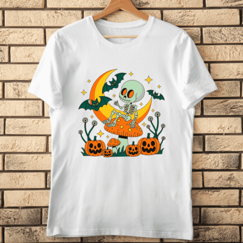 Spooky Night Scene with Skeleton and Moon T-shirt Design cover image.