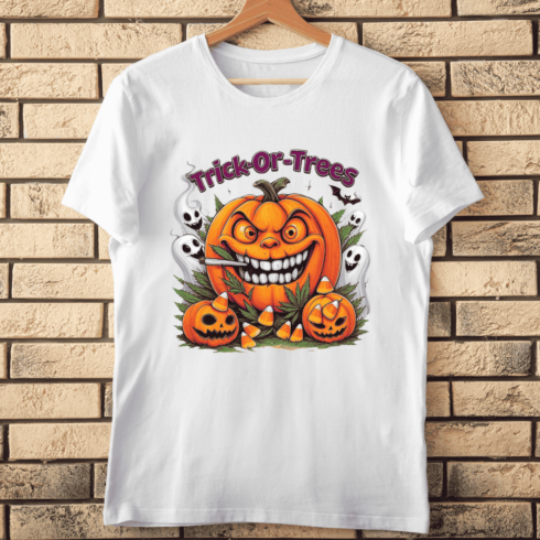 Jack-O-Lantern with Cannabis Theme T-shirt Design cover image.