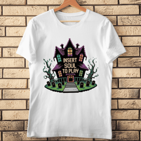 Spooky Mansion with Insert Soul to Play T-shirt Design cover image.