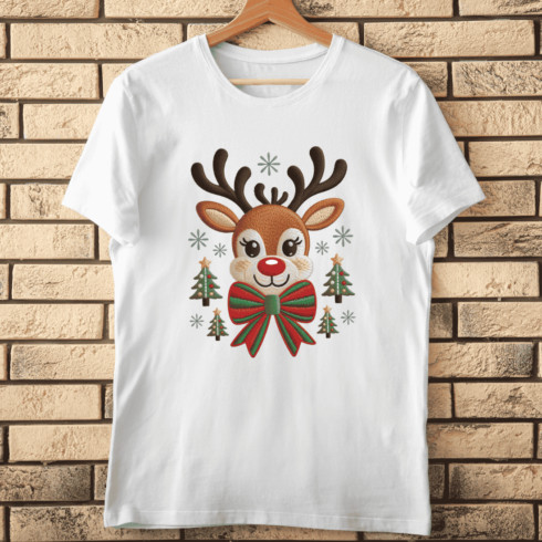 Cute Reindeer Face with Bow Embroidery T-shirt Design cover image.