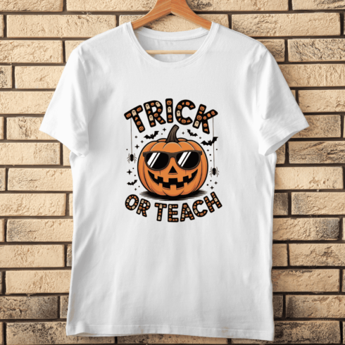 Trick or Teach Halloween Teacher T-shirt Design cover image.
