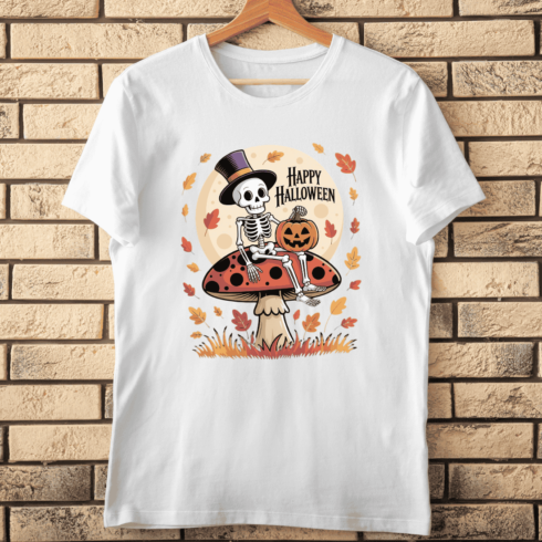 Spooky Skeleton with Top Hat on a Mushroom T-shirt Design cover image.