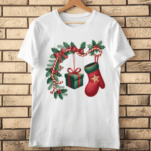 Cozy Festive Stocking and Mitten T-shirt Design cover image.