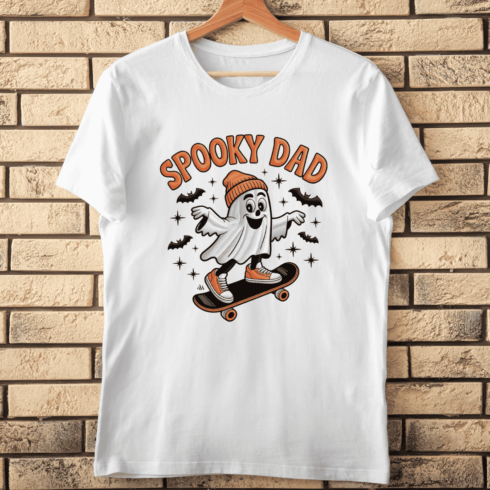 Spooky Dad on Skateboard T-shirt Design cover image.