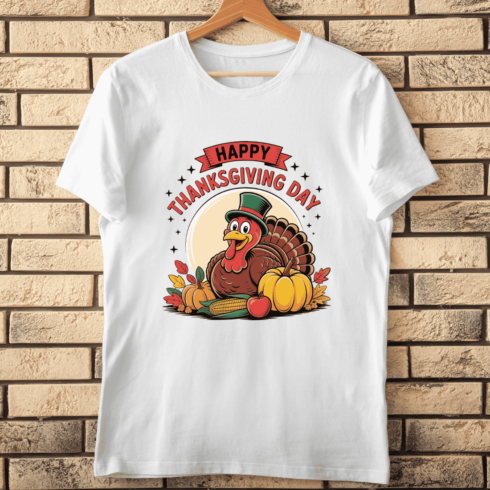 Smiling Turkey Mascot with Pumpkins and Corn T-shirt Design cover image.