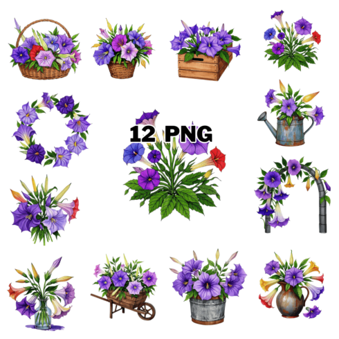 Watercolor Trumpet Flowers Sublimation Clipart Bundle cover image.