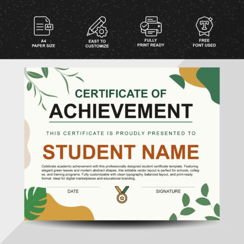 Modern Student Certificate Template with Leaf Motifs and Abstract Shapes – Editable Vector Design cover image.