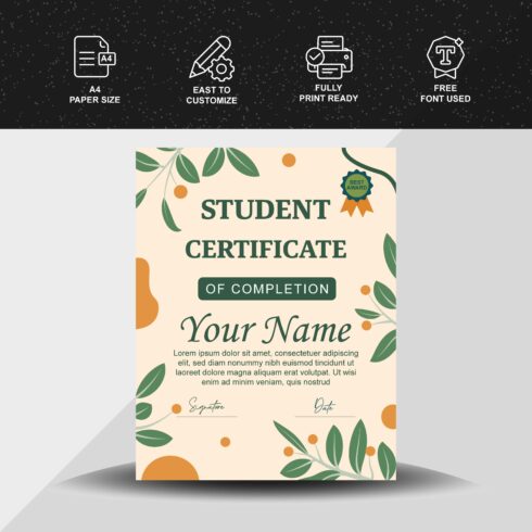 Modern Student Certificate with Leaf and Abstract Shapes – Editable Vector Template cover image.