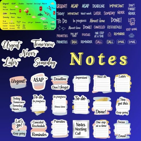 Notes & Inscriptions Sticker Bundle | PNG Stickers 6000x3270 px cover image.
