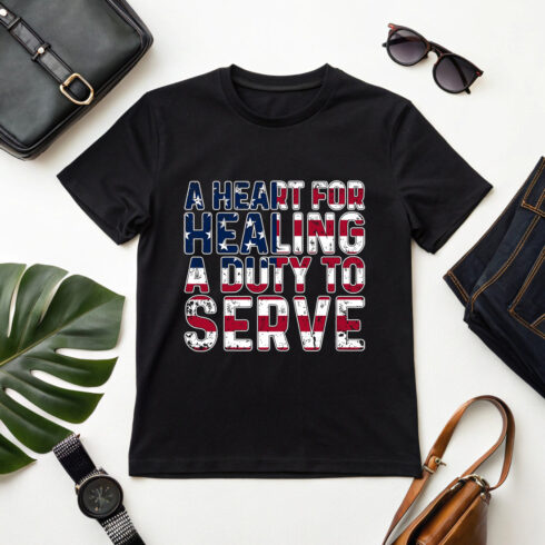 patriotic nurse t shirt design with american flag a heart for healing quote cover image.
