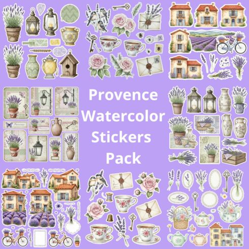 Provence Watercolor Stickers Pack | Lavender, Roses, Vintage Houses, Bicycles & Cozy Rustic Elements cover image.