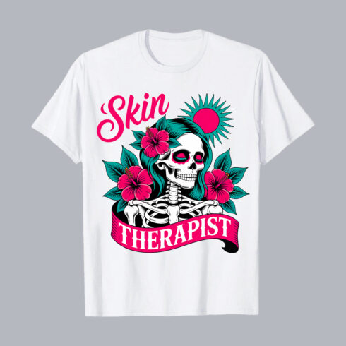 Skin Therapist Skeleton T-Shirt Design | Halloween Vector T-Shirt Graphic Design T-Shirt Design PNG cover image.
