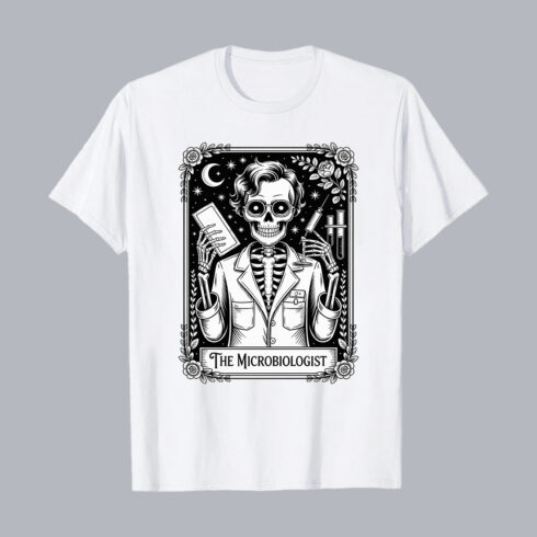 The Microbiologist Skeleton Lab Illustration T-Shirt Graphic Design T-Shirt Design PNG cover image.