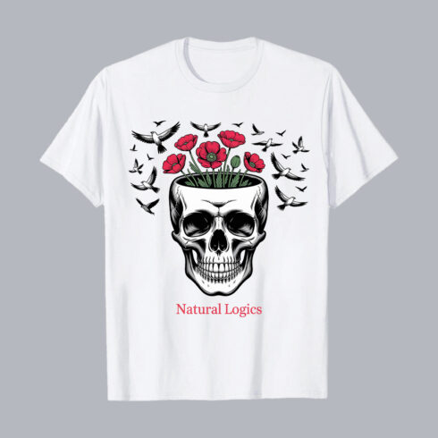 Skull with Flowers and Birds Design – Natural Logics T-Shirt Graphic Design T-Shirt Design PNG cover image.