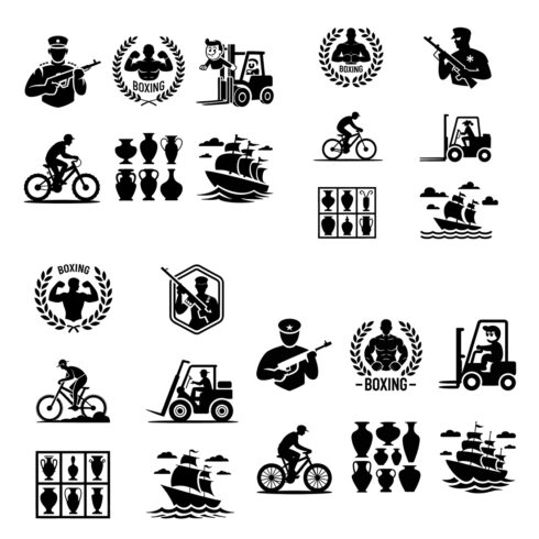 Soldier boxing cyclist ship forklift vase rifle bicycle vector cover image.