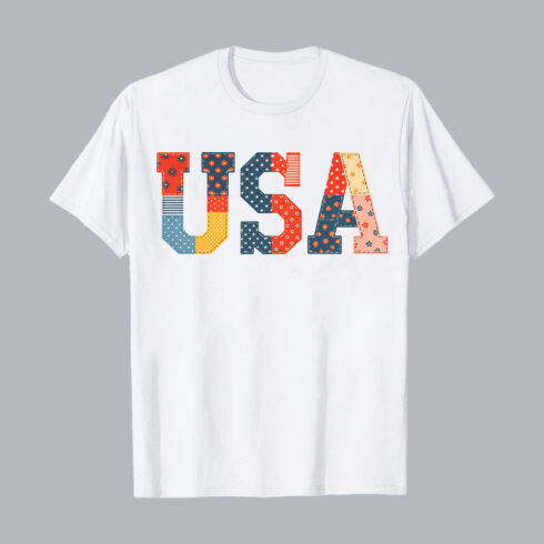 "USA Letter Design with Colorful Patchwork Patterns - Trendy Graphic" T-Shirt Graphic Design T-Shirt Design PNG cover image.