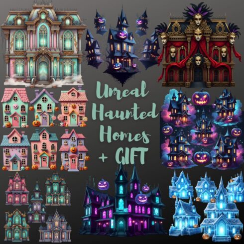 Unreal Haunted Homes Sticker Pack + Bonus Gift | Halloween House PNG Bundle cover image.