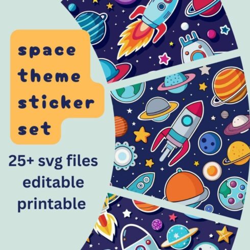 Space theme sticker sheets for kids 25+ svg files editable printable vector cover image.
