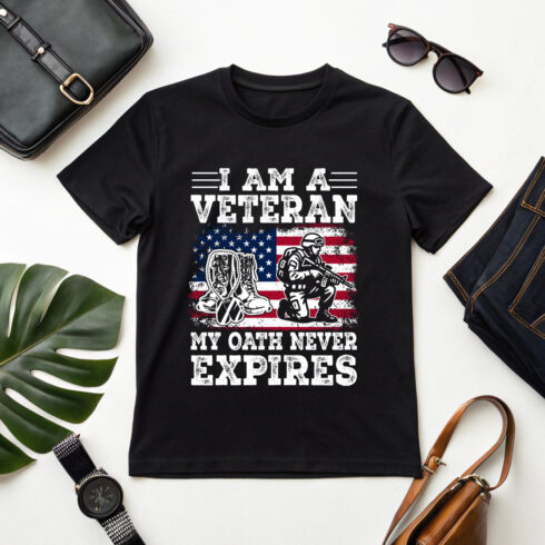 veteran quote graphic design with american flag soldier boots and oath never expires message cover image.
