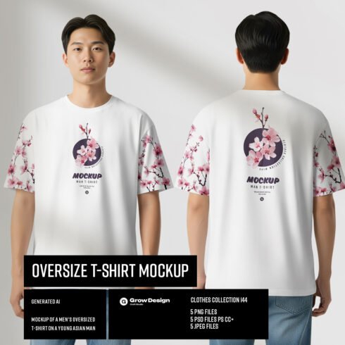 5 Oversized T-Shirt mockups on Asian Man Vol01 Generated AI cover image.