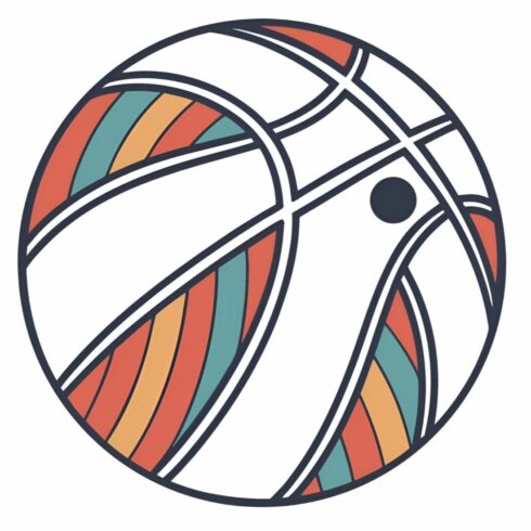 A retro basketball illustration isolated on white background features a vintage design with stripes of orange, teal, and yellow, creating a nostalgic sports vibe cover image.