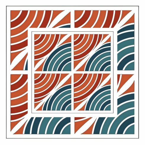 Abstract geometric pattern isolated on white background featuring curved lines in shades of orange, teal, and blue, creating a modern and symmetrical design cover image.