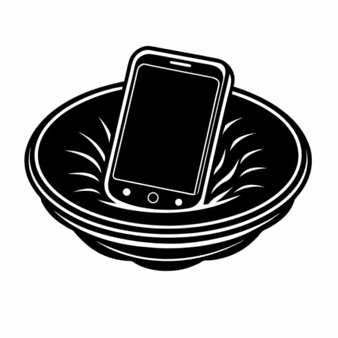 Smartphone in a bowl icon isolated on white background mobile phone in a bowl symbol vector illustration in black and white modern communication device cover image.