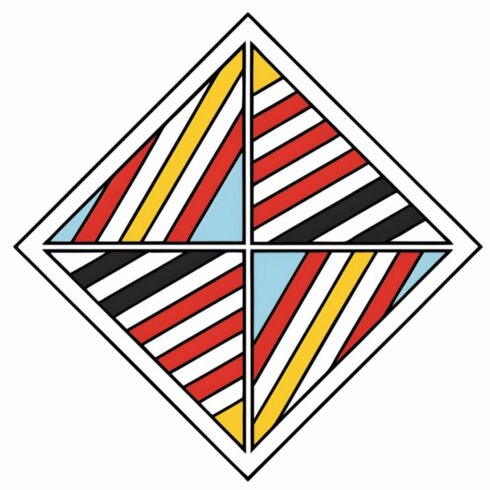 Abstract geometric diamond shape isolated on white background featuring a dynamic arrangement of colorful stripes and lines, creating a modern art design cover image.