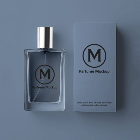 Luxury Perfume Bottle and Box Mockup: Top-down view, realistic template for cosmetic branding and fragrance design cover image.