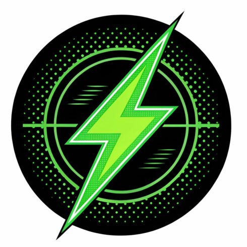 A vibrant green lightning bolt emblem with a modern, edgy design, set against a black circular backdrop with a halftone pattern and targetlike crosshairs cover image.