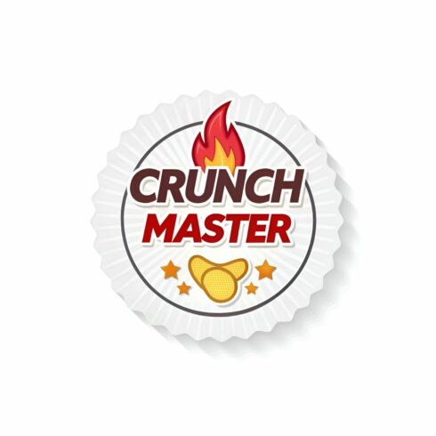 Crunch master logo isolated on white background featuring a fiery emblem, potato chips, and stars, symbolizing a toptier snacking experience and exceptional quality cover image.