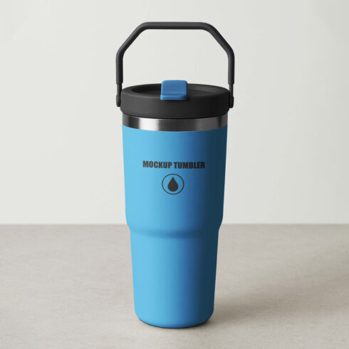 Travel Tumbler Mockup, Realistic Stainless Steel Cup with Handle Template cover image.