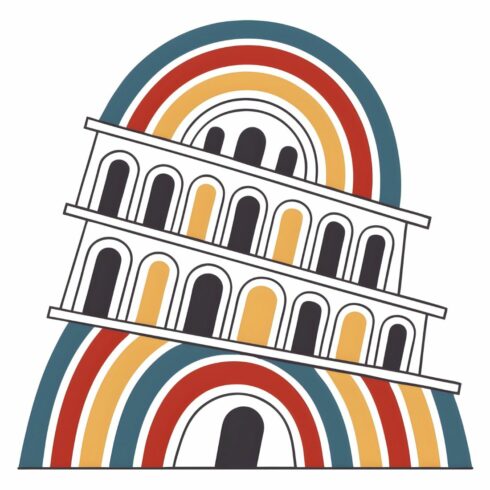 Stylized ziggurat with a rainbow, isolated on white background, evokes ancient architecture and vibrant colors in a modern, minimalist design cover image.
