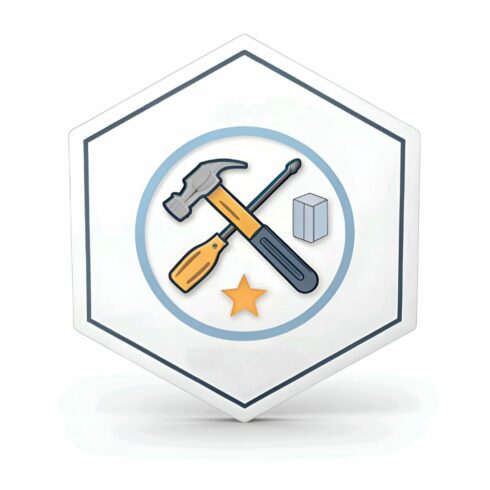 Illustration of a hammer, screwdriver, cube, and star inside a hexagon, isolated on white background, representing tools and construction themes cover image.