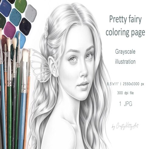 Beautiful fairy coloring page, Girl with long hair portrait cover image.