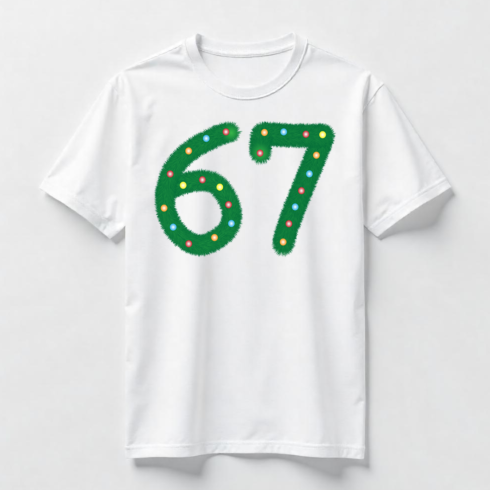 Hairy Green Number 67 with Colorful Lights T-Shirt Design cover image.